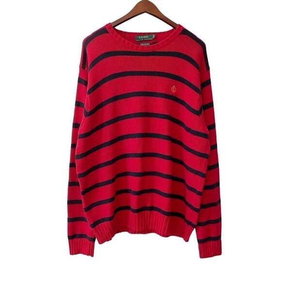 Lauren Ralph Lauren Red Blue Striped Sweater Men's Size Large Preppy 100% Cotton - Picture 1 of 8